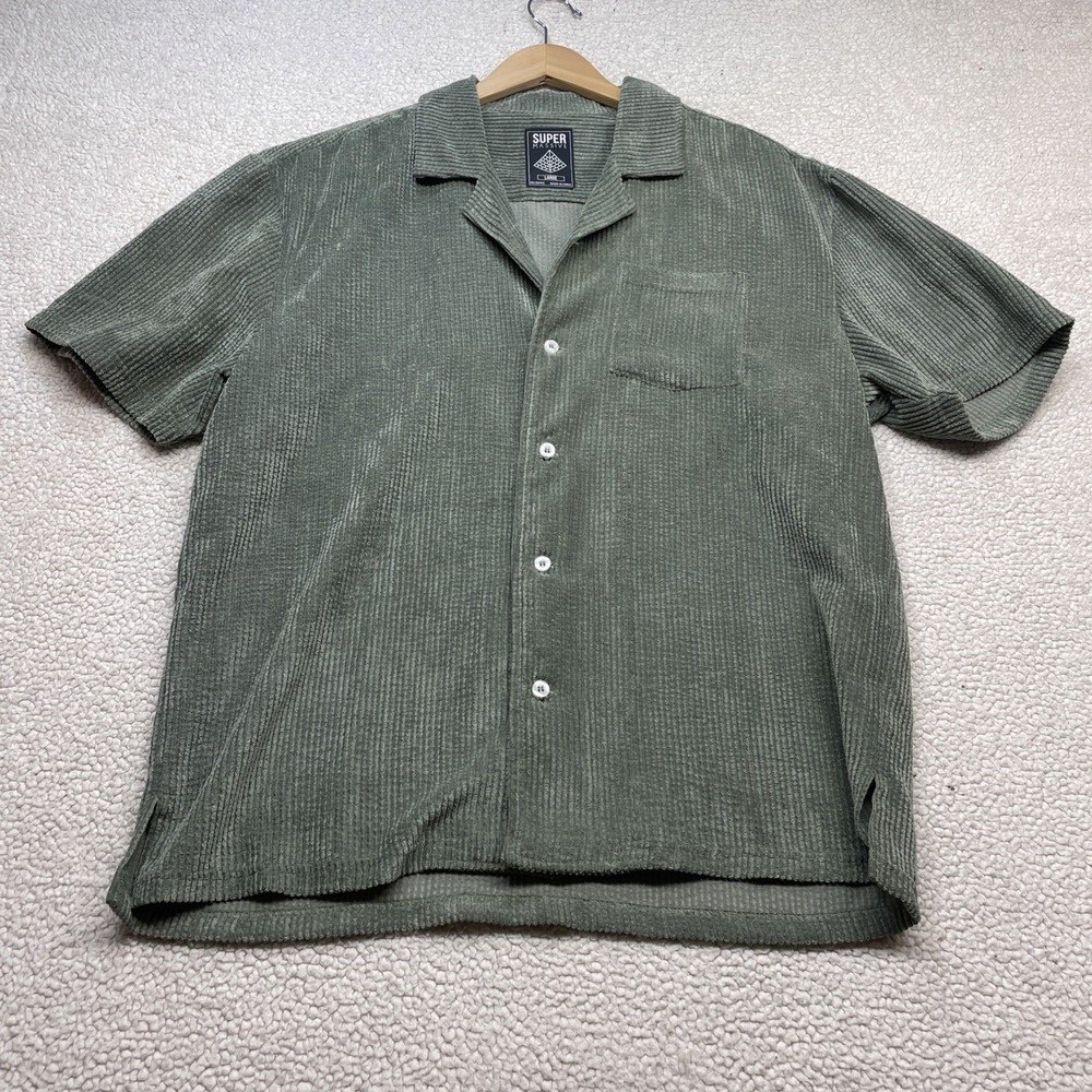 Super Massive Button Up Mens Large Green Corduroy Camp Collar Short Sleeve Shirt